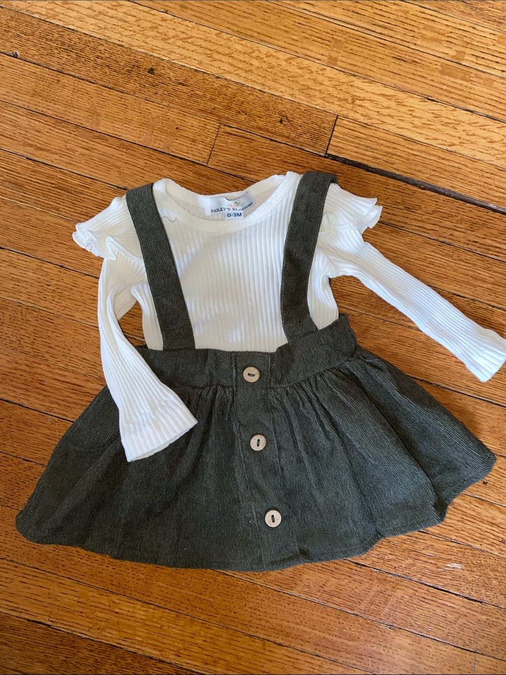 Darling White Ribbed Top with Olive Green Pinafore Dress - Baby